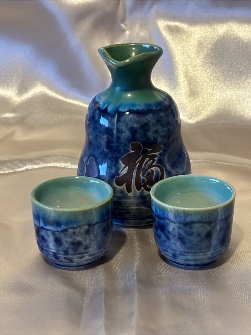 Japanese Blue and Green Sake Set. 3 pcs. Made in Japan.